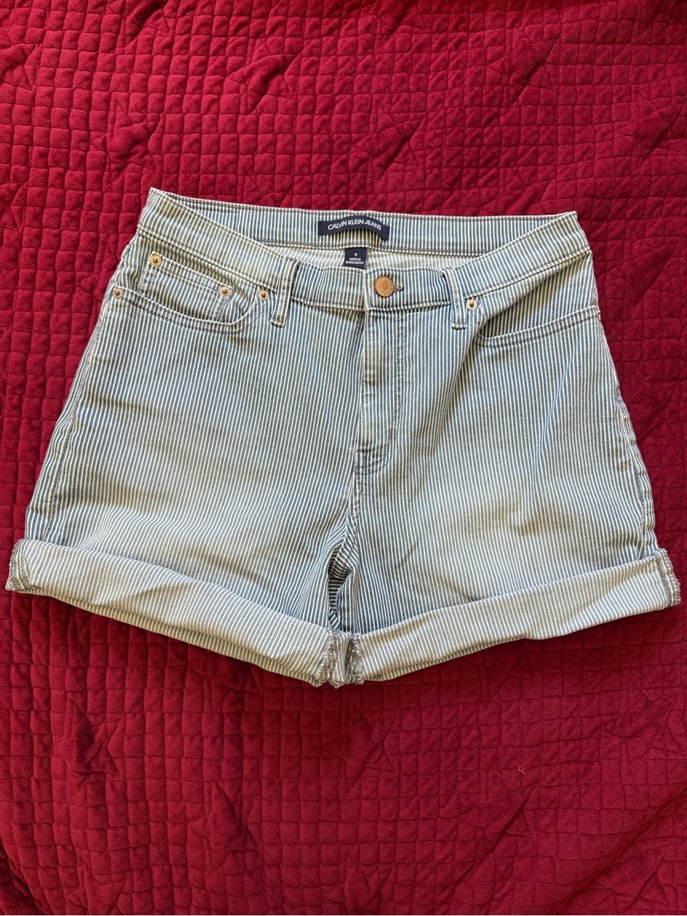 Calvin Klein Women’s Blue Striped Roll-Cuff Denim Shorts